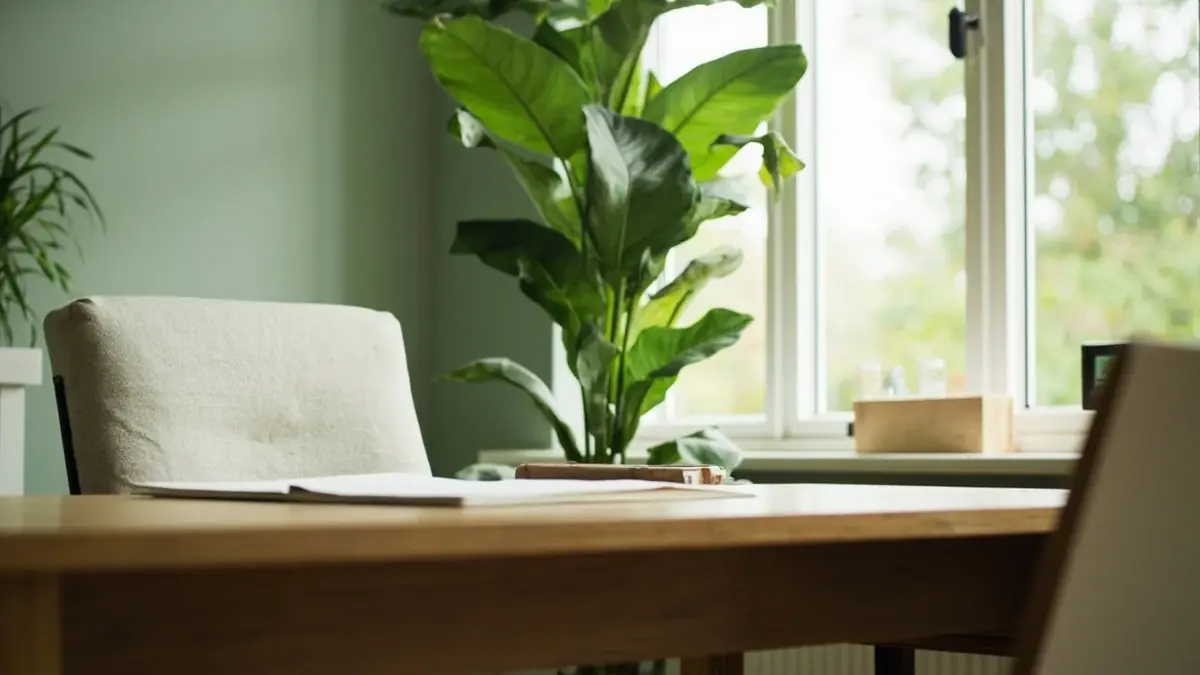 Empty oak desk, linen chair, tall window and a closed notebook