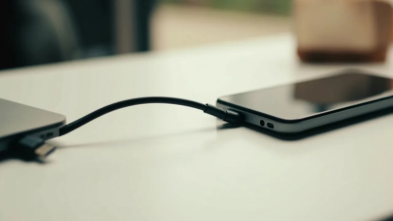 USB-C cable joining a dark phone to a closed laptop on a pale desk