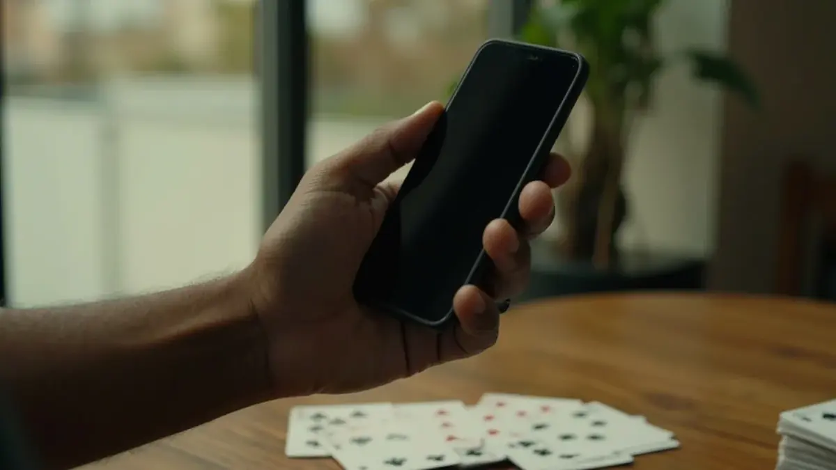 Adult hand holding a dark smartphone above face-down cards