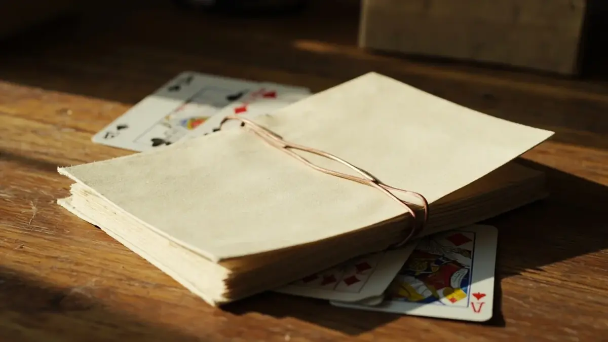 Closed cream booklet with a paper clip beside unused playing cards