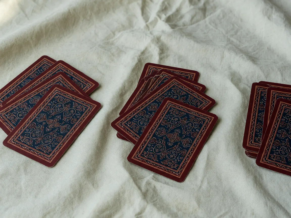 Thirteen physical cards grouped into sets and runs on pale linen