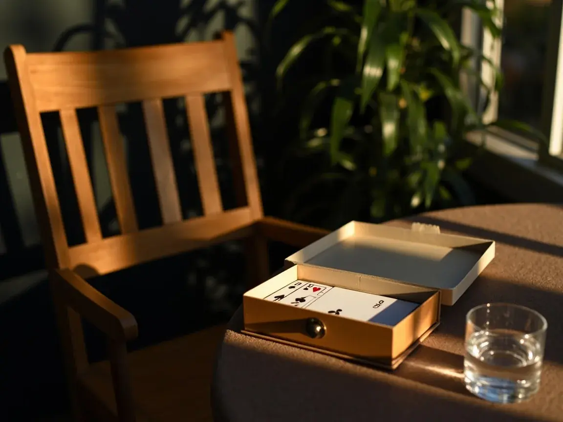 Empty wooden chair at a prepared rummy table with a closed card box