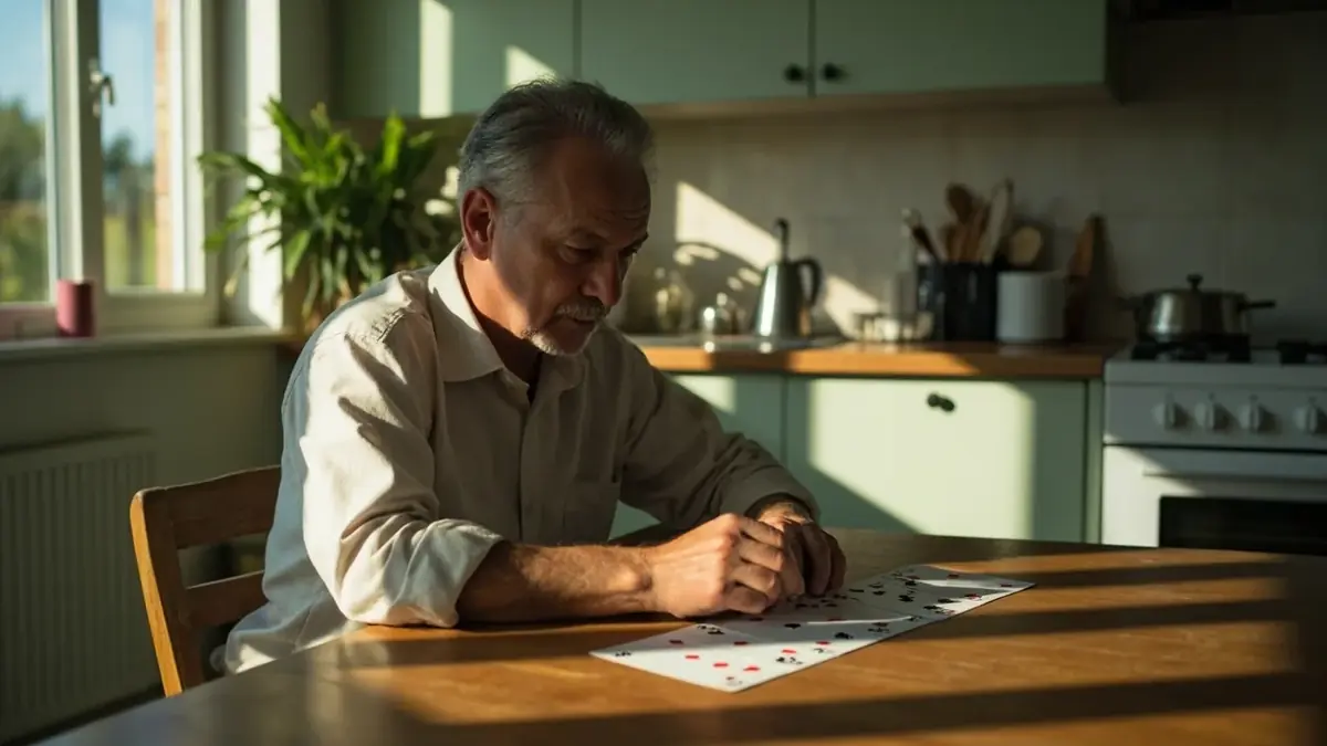 Adult at a kitchen table grouping a thirteen-card rummy hand in window light
