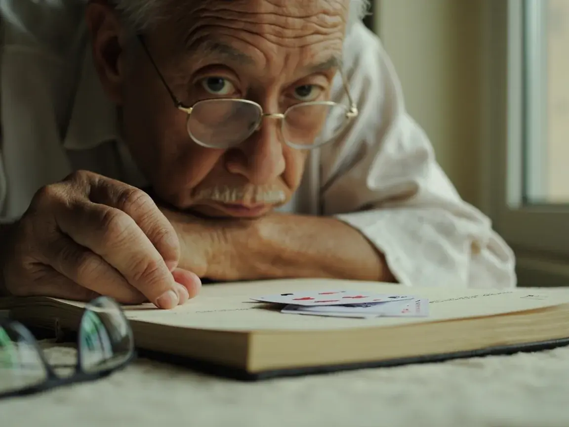 Adult hands resting on a linen notebook beside glasses and face-down cards