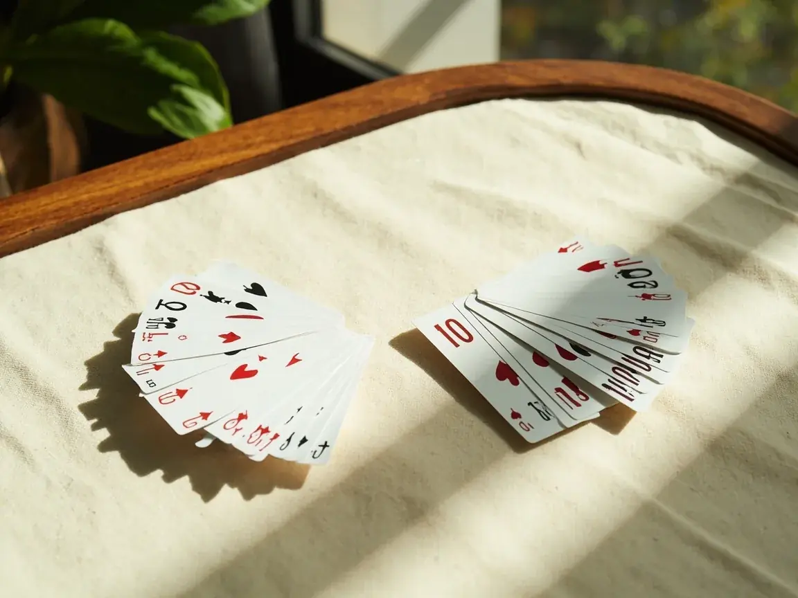 Playing cards being arranged into a hearts sequence on a worn green felt table