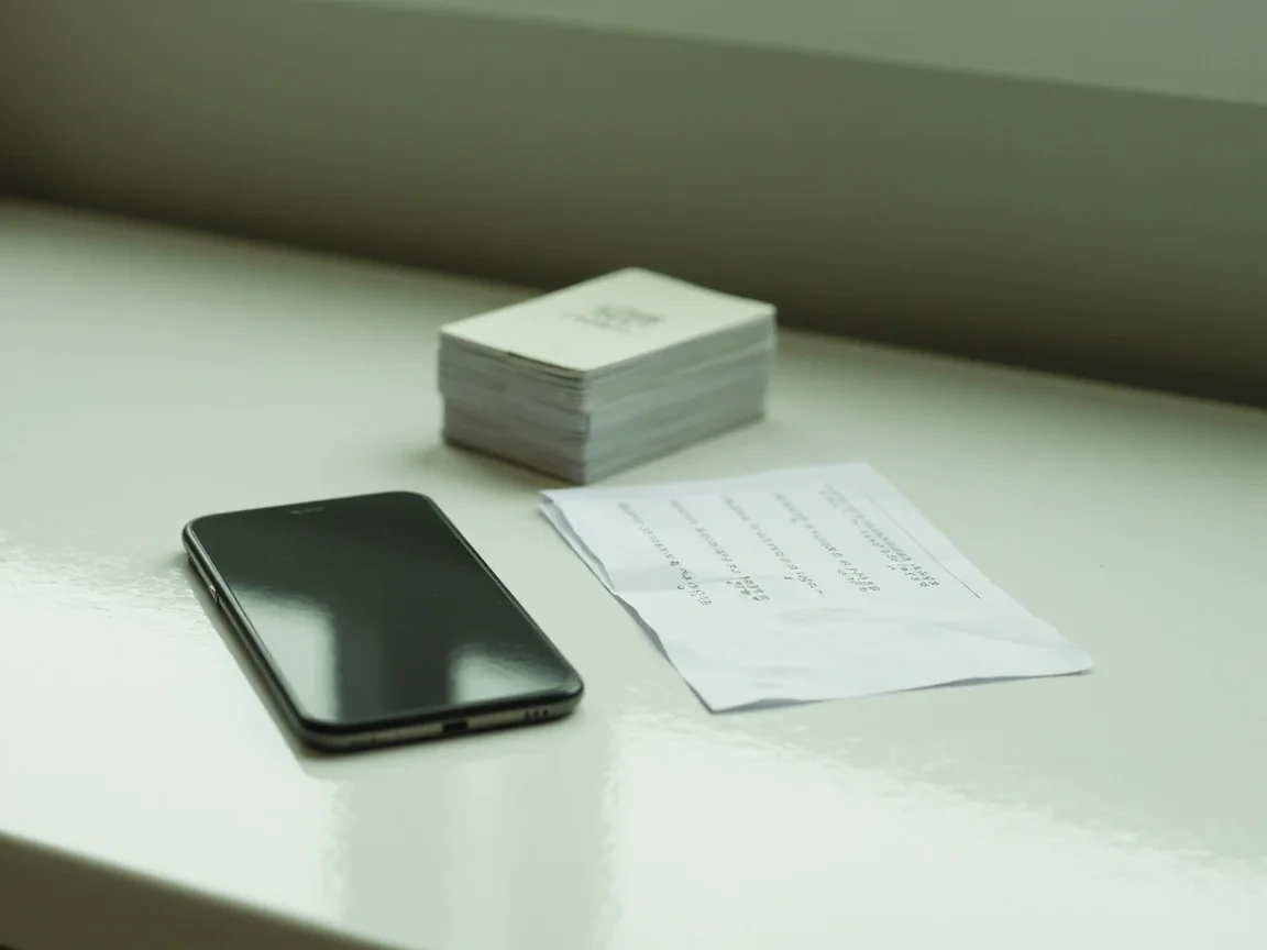 Face-down phone and a folded paper slip beside a plain card box on a pale desk