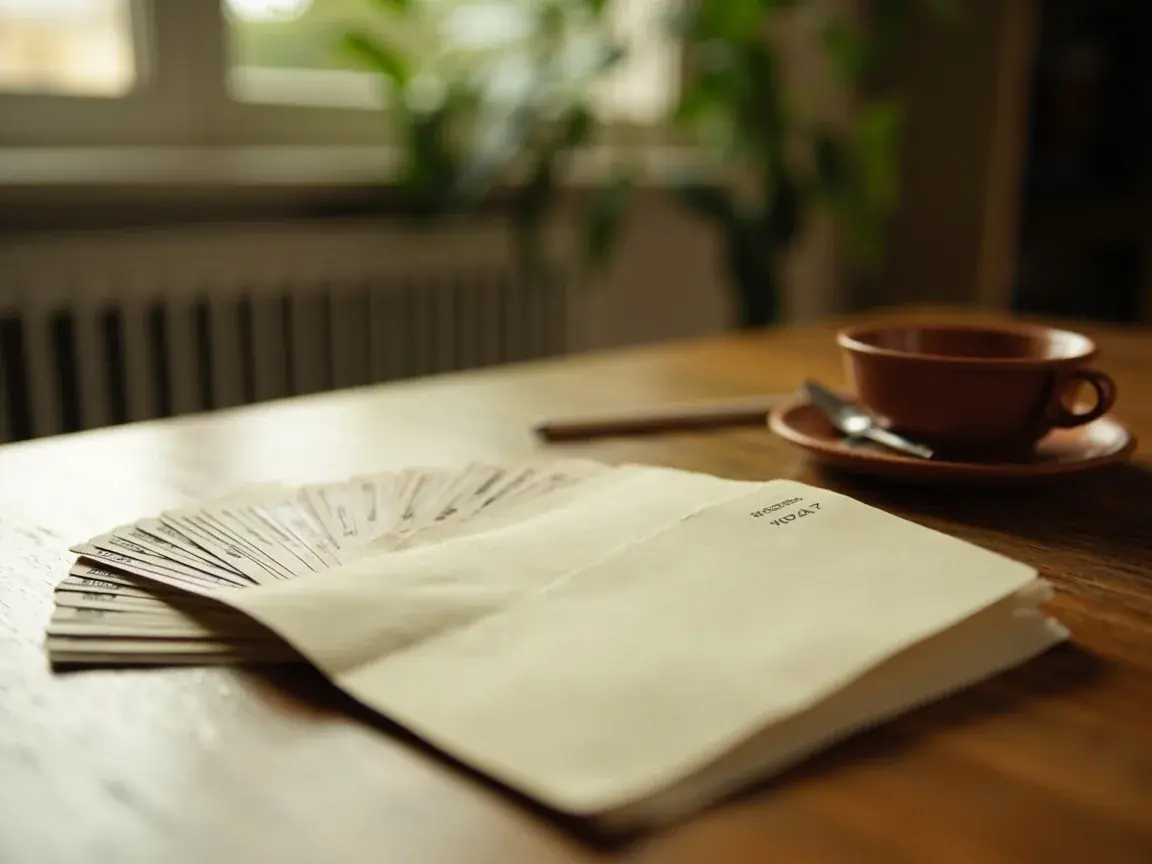 Closed cream rule booklet beside a small fan of playing cards on oak