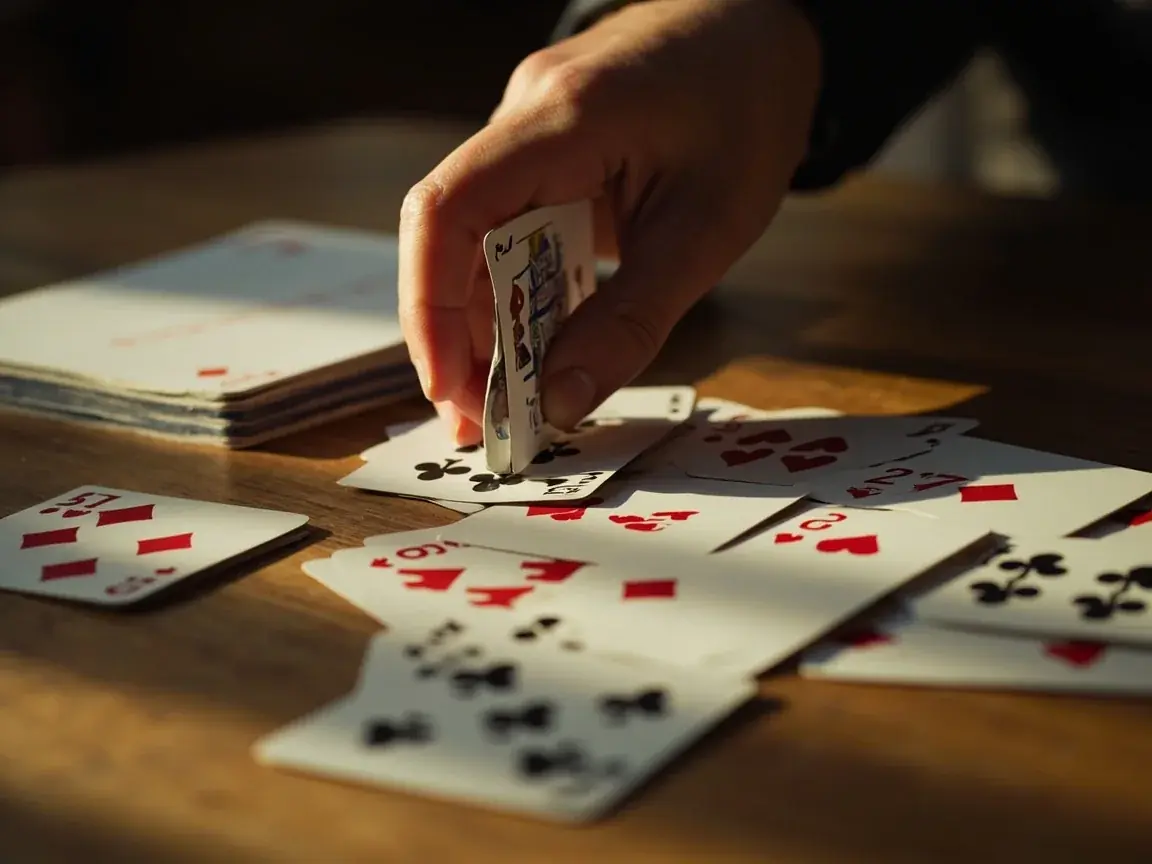 Hand placing a final card onto a completed meld group beside a closed score pad