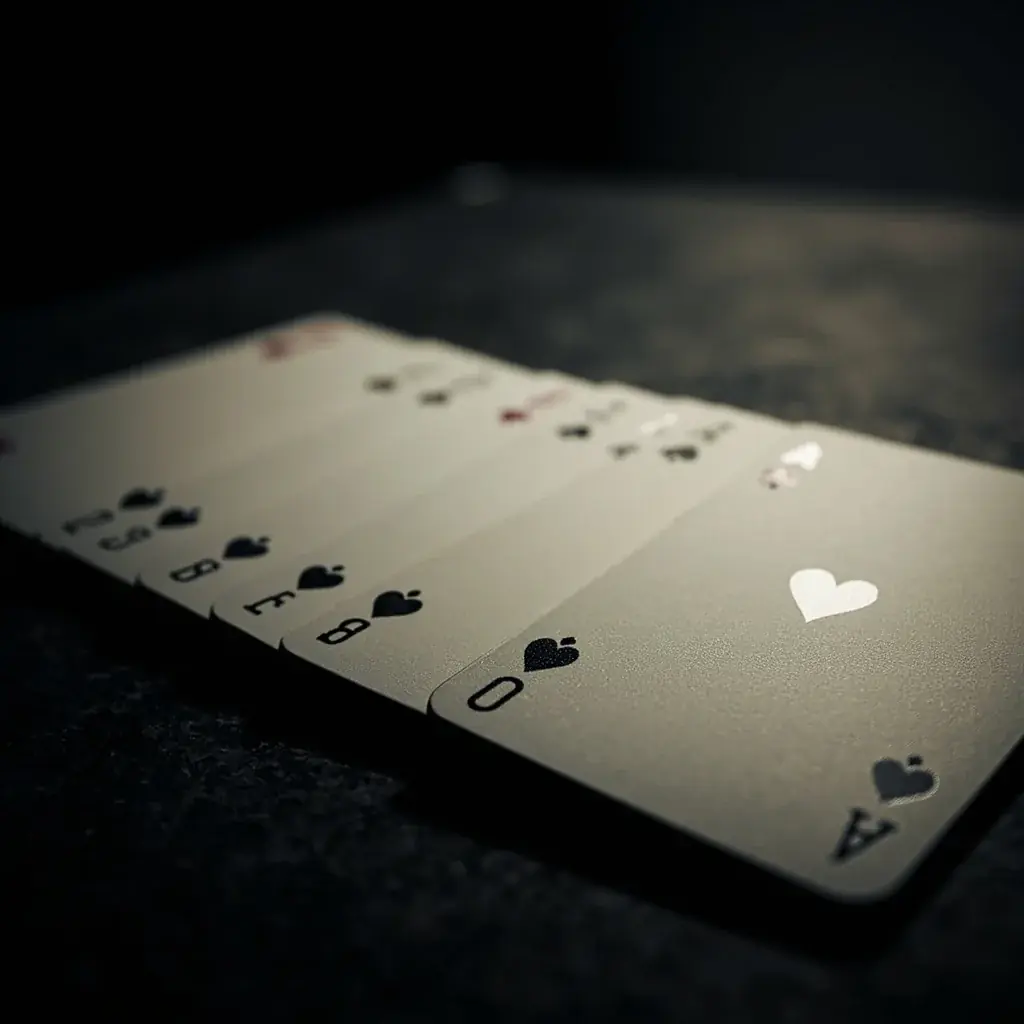 Same-suit run of physical playing cards aligned on dark slate
