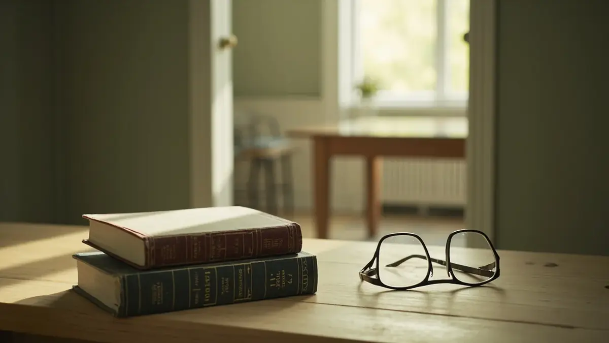 Reference books and glasses on a pale oak desk