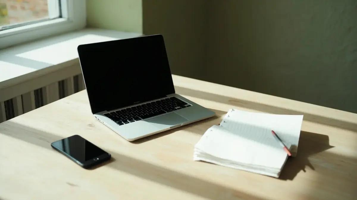 Closed laptop, dark phone and blank notebook on a pale oak desk