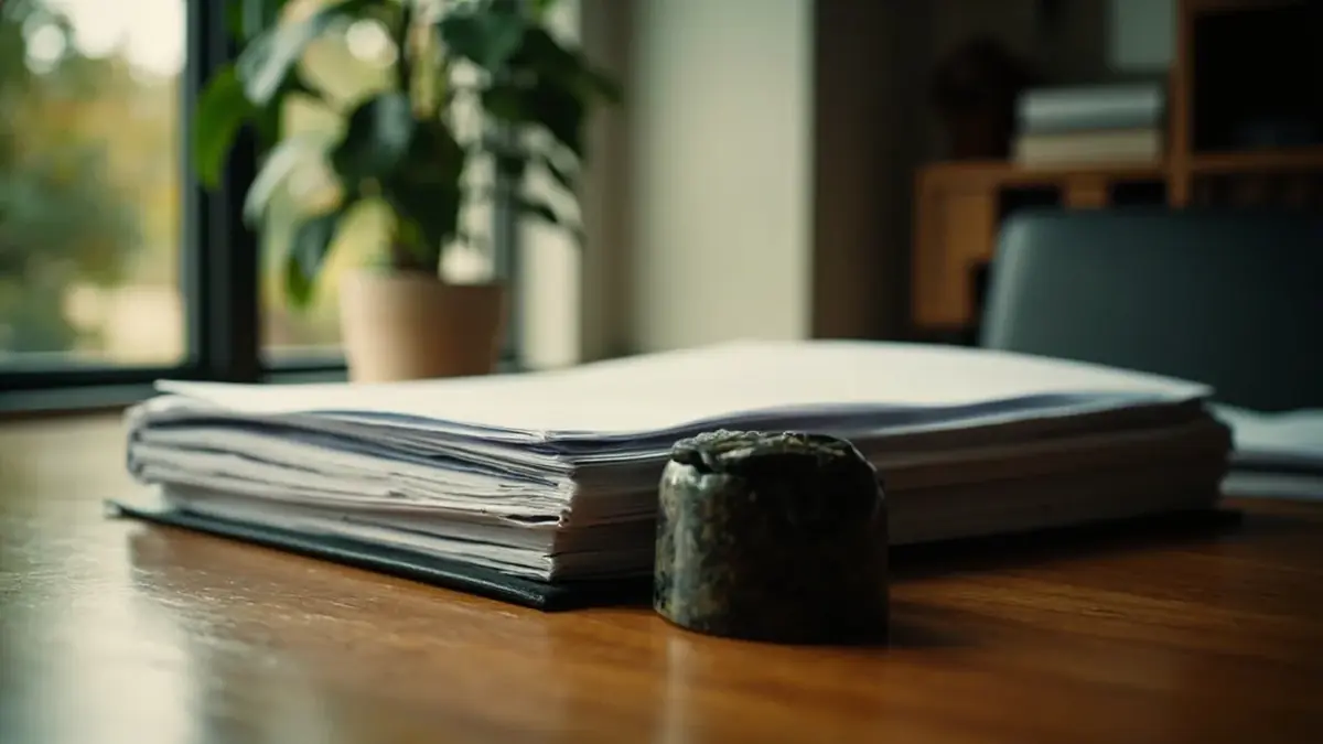 Closed records folder and paperweight on a deep oak desk