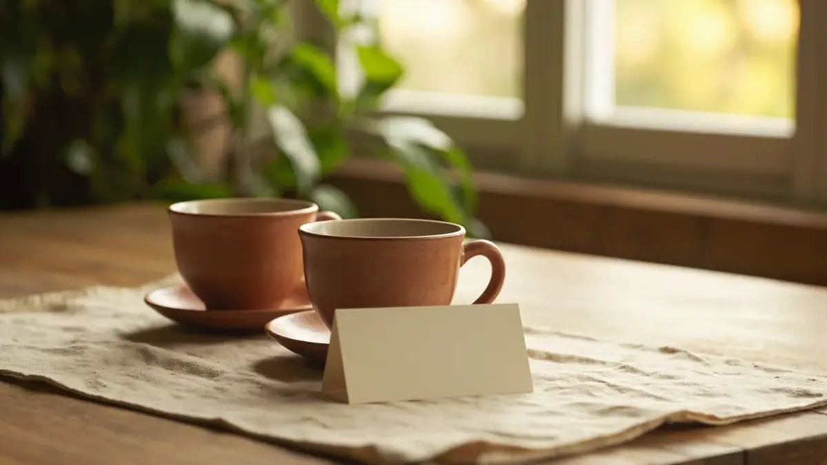 Two terracotta cups and one blank cream card on linen
