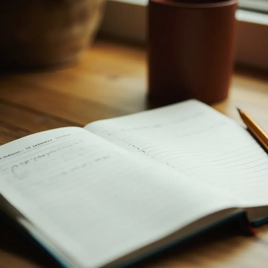 Open household notebook with blank lines, a pencil and a terracotta cup
