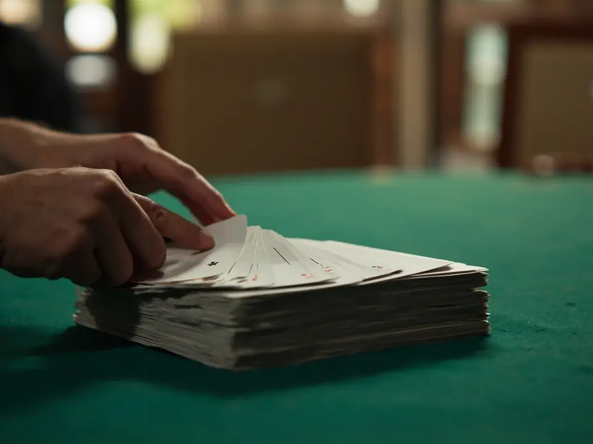 Two hands withdrawing from a stacked card pile at an empty table