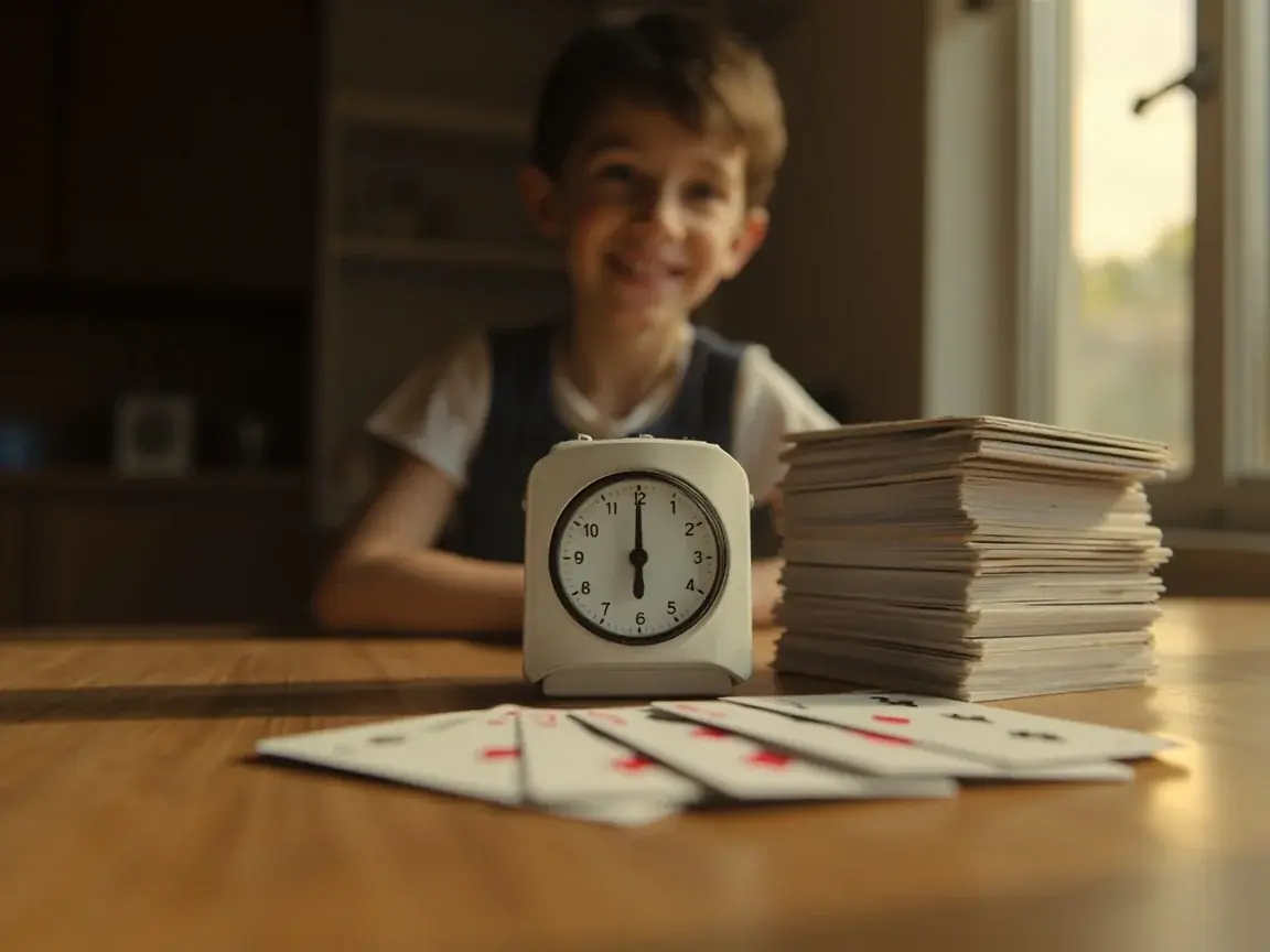 Analog kitchen timer beside a stacked unused deck on oak