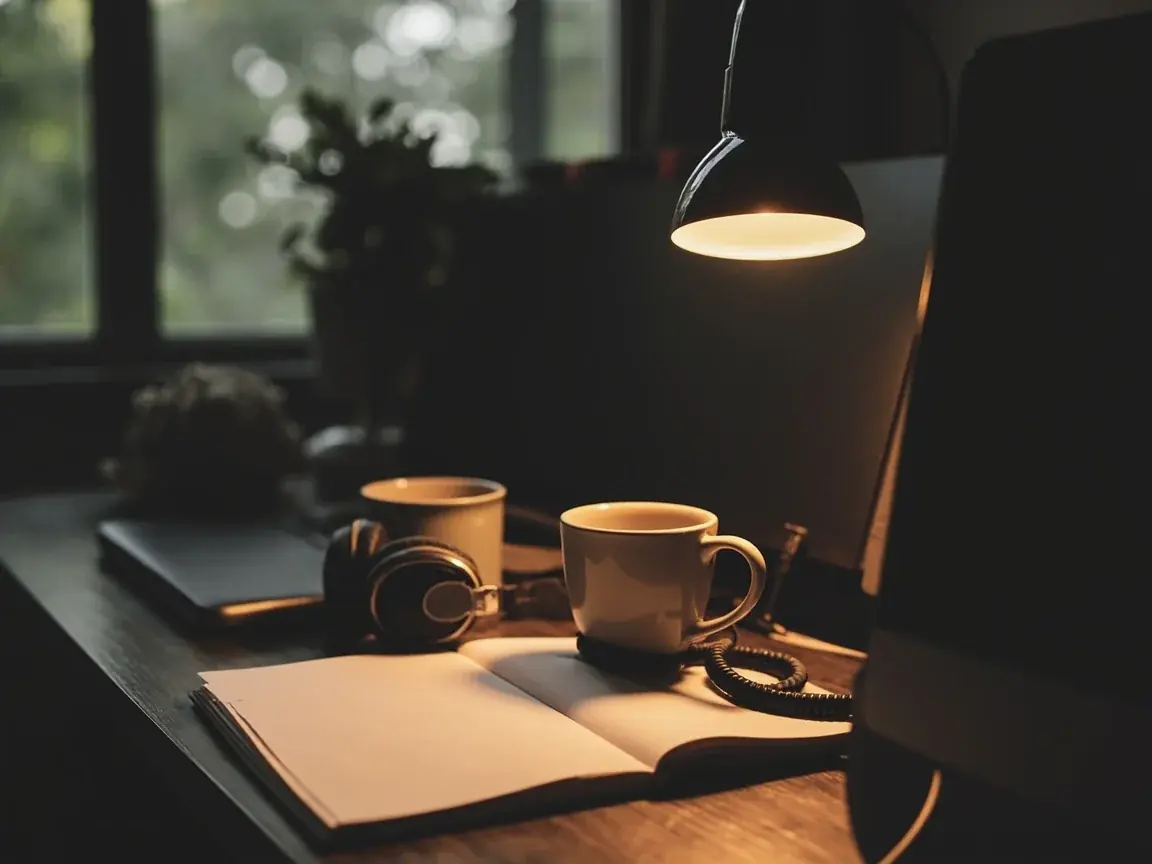 Quiet home desk with a closed notepad, unused lamp and headphones