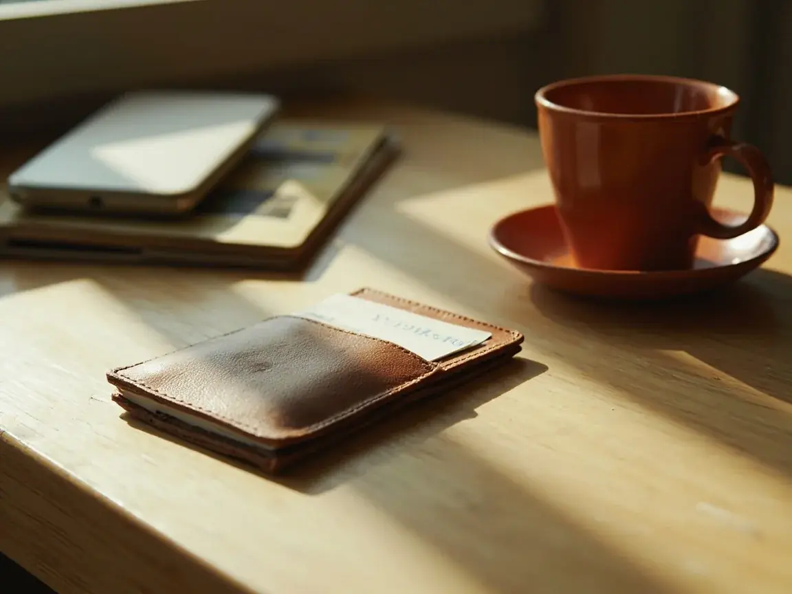 Leather card sleeve, blurred passbook and a face-down phone on pale oak