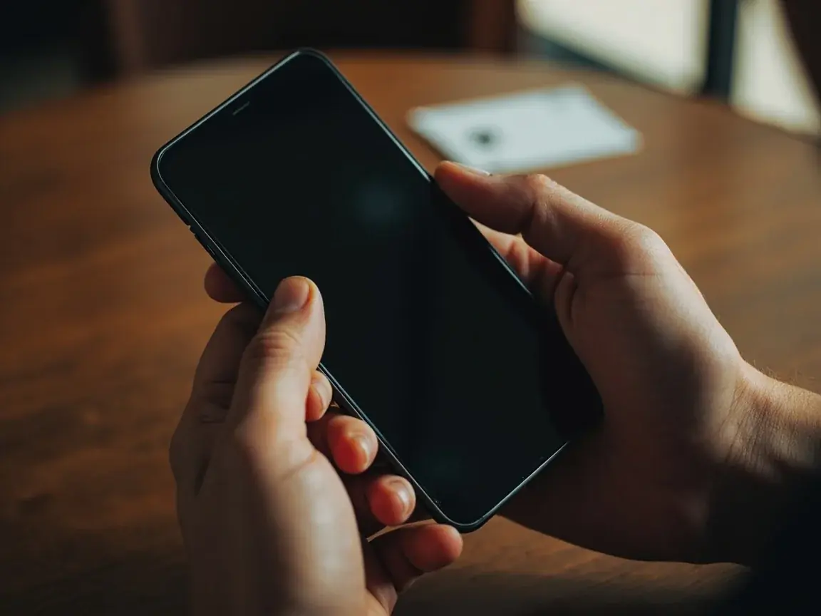 Two thumbs holding a dark smartphone above a walnut table