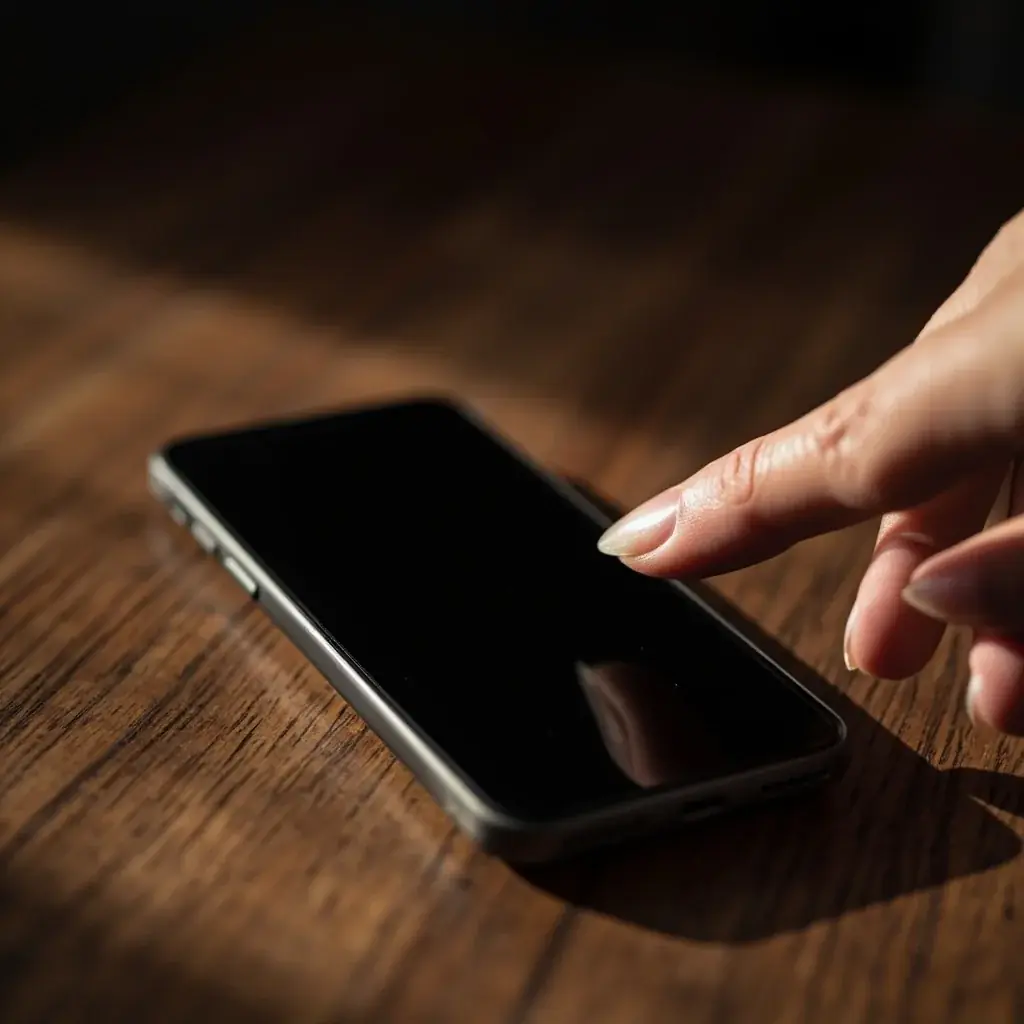 Adult finger near the side button of a dark smartphone on walnut