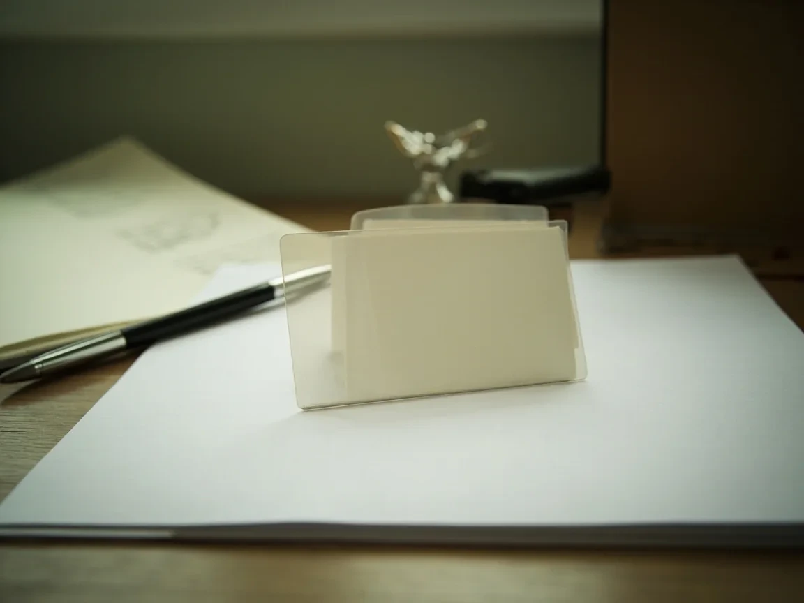 Face-down identity cards on a blotter beside a closed folder and pen