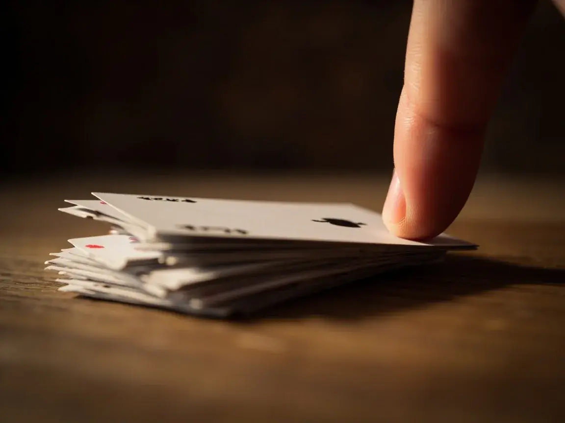 Short discard pile on oak with an adult finger hovering above the top card