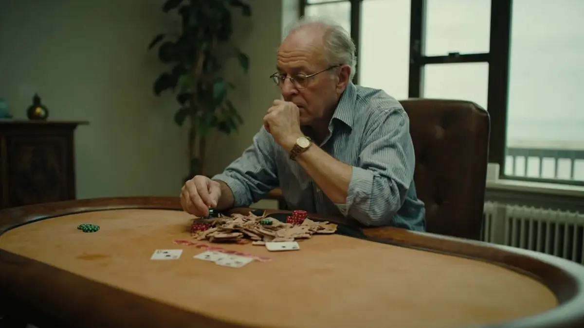 Player studying a discard pile at a walnut table near a window