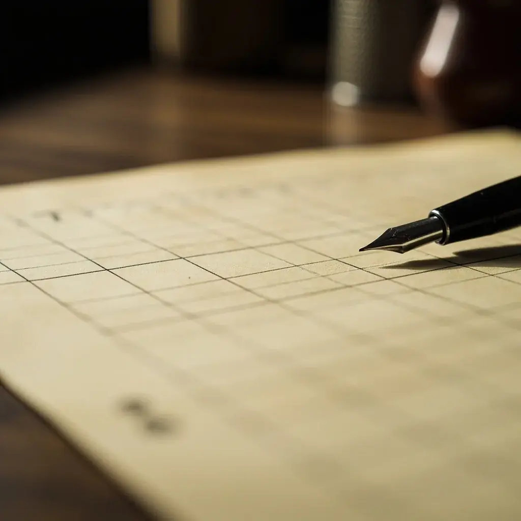 Out-of-focus scoring grid with a fountain pen and one face-down card