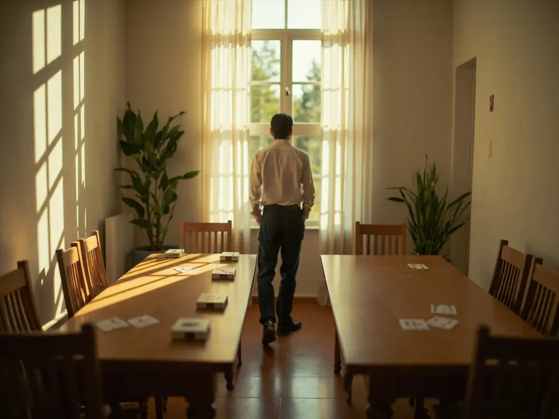 Two household card tables in one bright room, one set and one empty